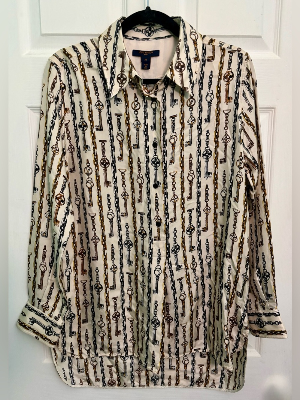 $2,250 Louis Vuitton Silk Monogram Architettura Keys and Chains Shirt Sz 36